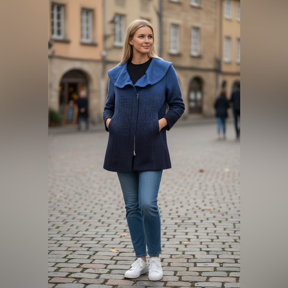 *NIC+ZOE Blue Wool Blend Ombre Long Jacket Coat PP Petite — Alpaca Blend, Draped